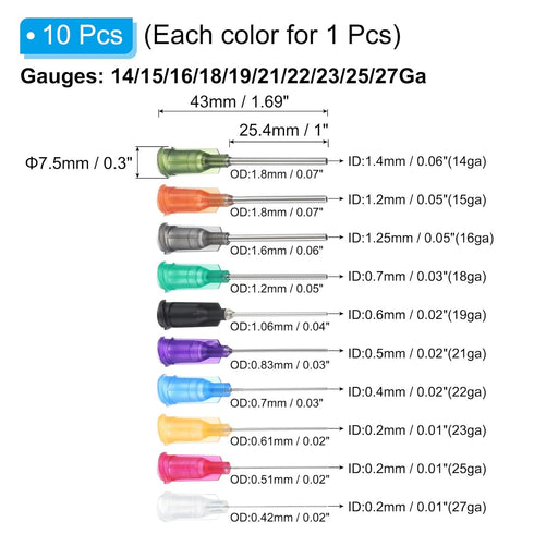 PATIKIL 14/15/16/18/19/21/22/23/25/27Ga x 1 Inch Dispensing Needle Tips, 10Pcs Stainless Steel and Plastic Glue Needle Tube Blunt Tips with Luer Lock for Glue Oil Applicator, Multicolored