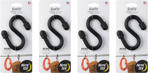 Nite Ize Gear Tie Bendable S-Hook - Utility S-Hook for Hanging, Tough Rubber Shell with Flexible Wire, Black (4 Pack)