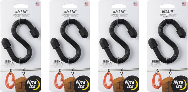 Nite Ize Gear Tie Bendable S-Hook - Utility S-Hook for Hanging, Tough Rubber Shell with Flexible Wire, Black (4 Pack)