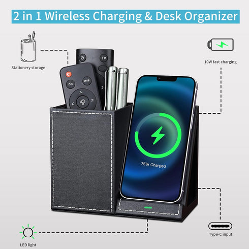 KINGFOM PU Leather Desk Organizer - Wireless Charging Station for iPhone, 10W Charger for iPhone 14/13/Samsung Galaxy,