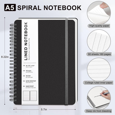 Lined Spiral Journal Notebook, A5 Hardcover Leather Notebook for Work, 5.7''×8.2'', 100GSM Thick Paper Spiral Bound Journaling Notebooks for Women & Men Office School Note Taking Business, Black by LACCHOUFEE
