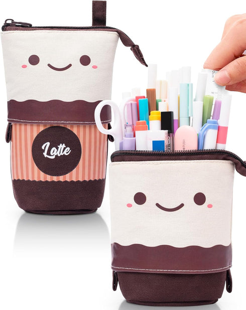 Sooez Kawaii Stand Up Pencil Case, Spacious Telescopic Pouch for School & Office Supplies - Brown Coffee