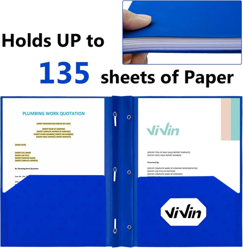 ViVin Blue Sturdy Plastic Folder, 10 Pack, 2 Pocket Folder with Prongs, Holds 8.5 * 11 Letter Size Sheets for Office