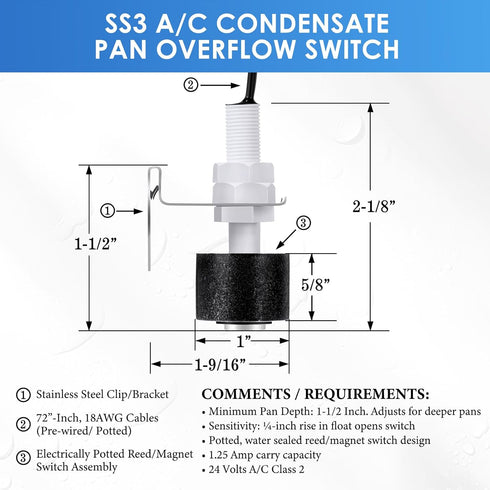 1 Pack SS3 Condensate Overflow Switch, SS3 Condensate Drain Pan Switch, AC Pan Float Switch, Condensate Drain Pans, for Installation on Primary and Auxiliary Drain Pans