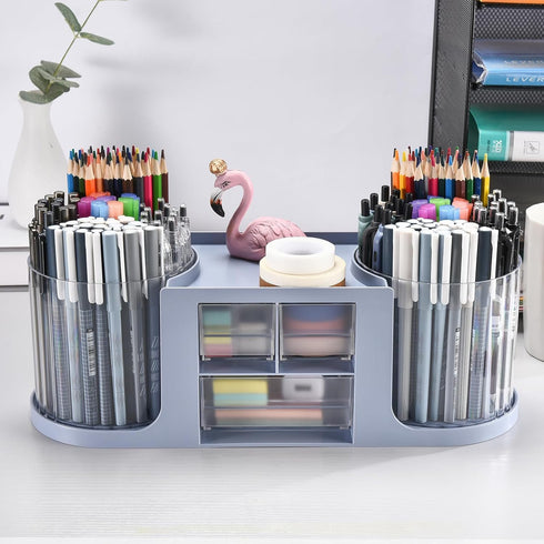 Rotating Desk Organizer with 2 Pen Holders, 10 Slots Pencil Holder + 3 Drawer, Art Supply Storage Box (Blue)
