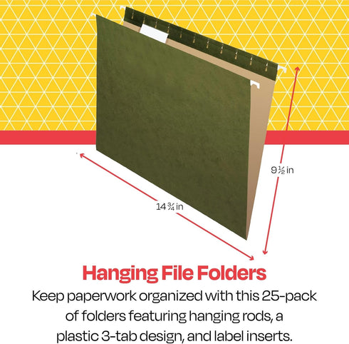 School Smart Hanging File Folders, Legal Size, 1/3 Cut Tabs, Pack of 25, Green
