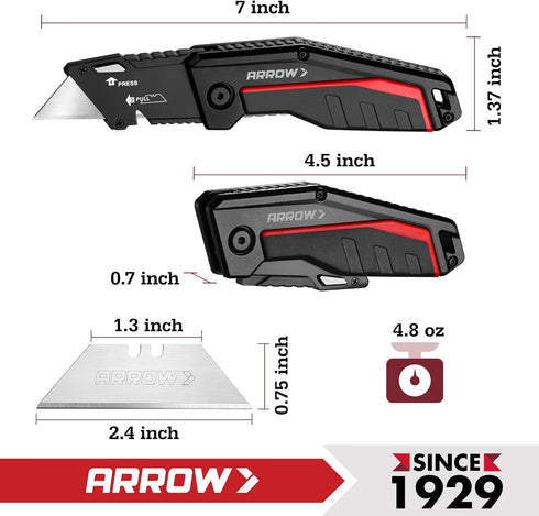 10 SK2 ARROW Folding Utility Knife, Quick-Change Box Cutter with Belt Clip, Liner Lock, Heavy Duty Aluminum Razor Knife