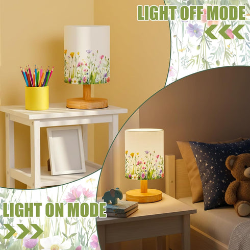 VIHOSE Wild Flower Kids Table Lamp for Bedroom Kids Bedside Lamp with Linen Wooden Nightstand Cartoon Nursery Lampshade