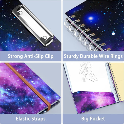 Rimilak Spiral Clipboard Folio with Refillable Lined Notepad, 14.5 x 9.8 Inch, Cute Stylish Clipfolio, Galaxy