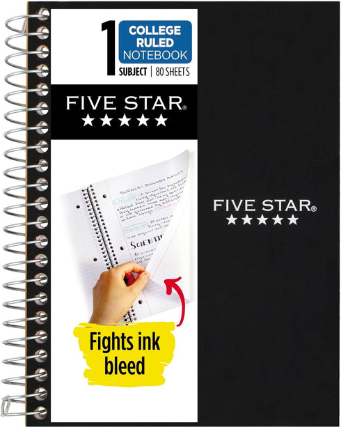 Five Star Spiral Notebook, 1 Subject, 80 Sheets, College Ruled Paper, Personal Size, Black, 7" x 4-3/8"