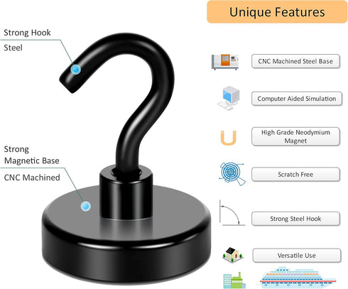 Neosmuk Black Magnetic Hooks, Strong Neodymium Hooks for Fridge, Extra Strength Industrial Hooks, Matte Black, 4 Pack