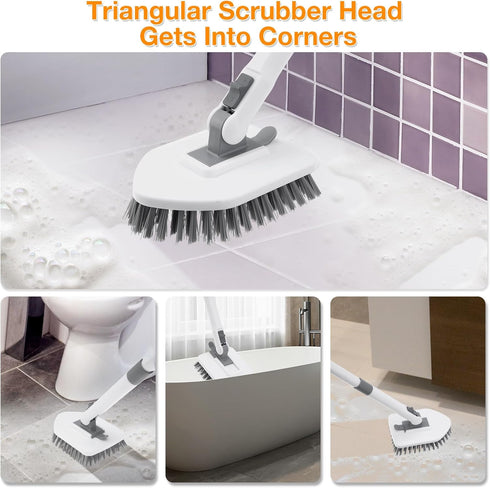 4 1 in Shower Scrubber Cleaning Brush, Tub and Tile Scrubber with Long Handle, Grout Brush Stiff Bristles Scrub Sponge