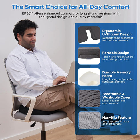 Tailbone EPSCY Memory Foam U-Shaped Cushion for Coccyx, Hemorrhoid, Sciatica & Pain Relief - Pressure Reducing Seat