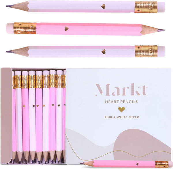 Markt Mini Pencils for Bridal Shower Games, White and Pink Baby Shower Pencils with Gold Foil Heart