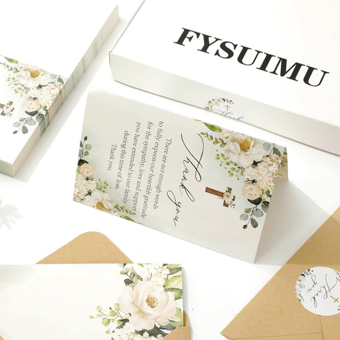 50 FYSUIMU Pcs Funeral Thank You Cards Bulk with Envelope Sticker Floral Sympathy Blank Note Cards White Flower Cross