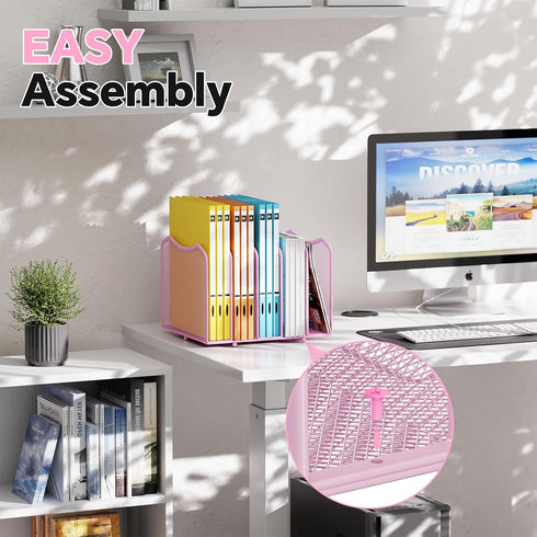 5-Section Simple Trending Mesh Desktop File Sorter Organizer, Bookshelf for Desk Home Office, Pink