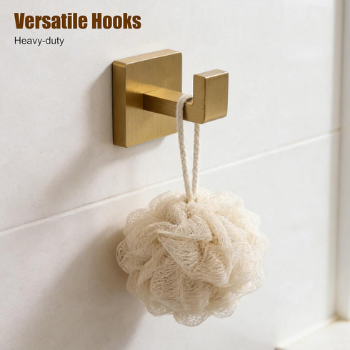 5-Pieces Set, 304 24.48 Inch Set Brushed Gold Bathroom Hardware SUS Stainless Steel Square Towel Bar with Towel Ring