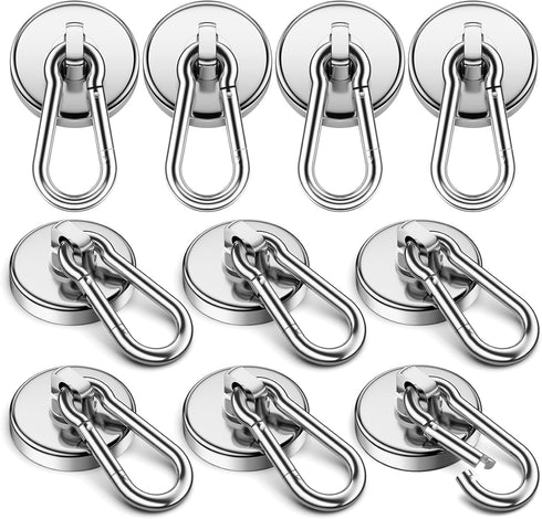 VNDUEEY 10 Pack Strong Magnetic Hooks, 100Lbs Neodymium Grade-52, Heavy Duty with Swivel Carabiner Hook for Home and
