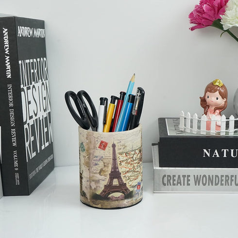 Vintage Pen Pencil Holder Cup, Retro Beige Desk Organizer for Home Office Living Room (Paris Eiffel Tower Round)