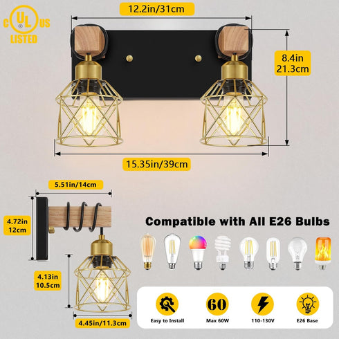 2-Light FadimiKoo Rustic Style Wood Bathroom Wall Sconces, Black Gold Bathroom Vanity Light Fixtures with Metal Shade