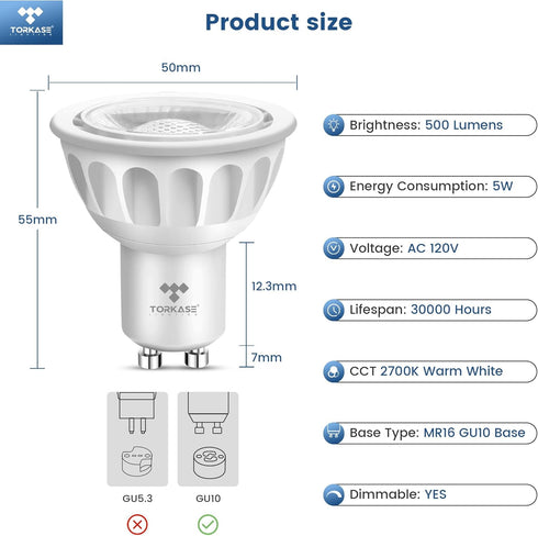 Torkase GU10 LED Bulbs, 5W 50W Equivalent, 2700K Warm White, 120V 500LM Dimmable Track Light, 6 Pack