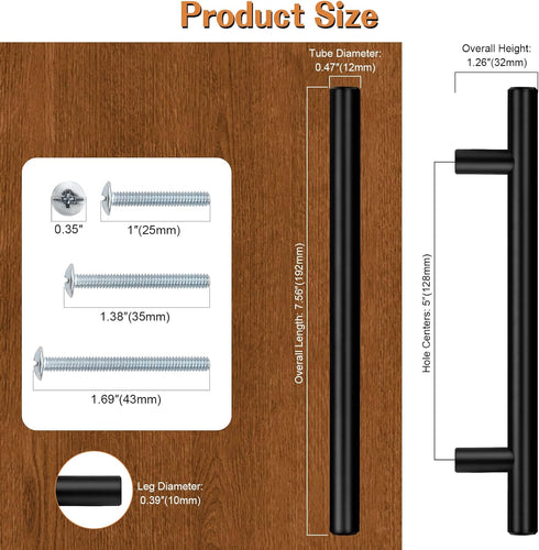 5 Pack|5 Inch Closet Probrico Hole Centers Solid Cabinet Pulls Stainless Steel Round T Bar Cabinet Handles Black Drawer