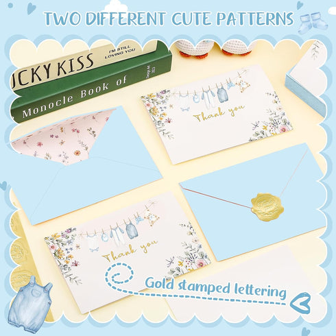50 Pack Set Thboxes Blue Baby Shower Thank You Cards with Envelopes and Stickers for Boy, Thank You Notes