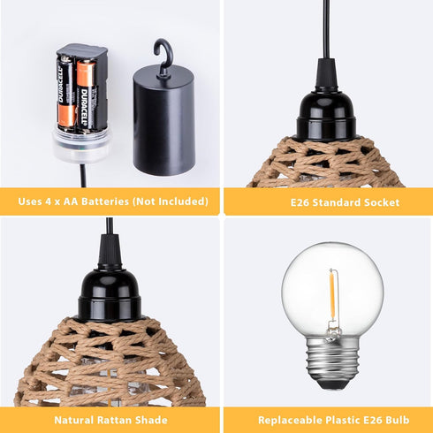 3 Pack Dimmable Outdoor Battery Operated Chandelier, Small Hanging Rattan Pendant Lights with Timer, Warm White