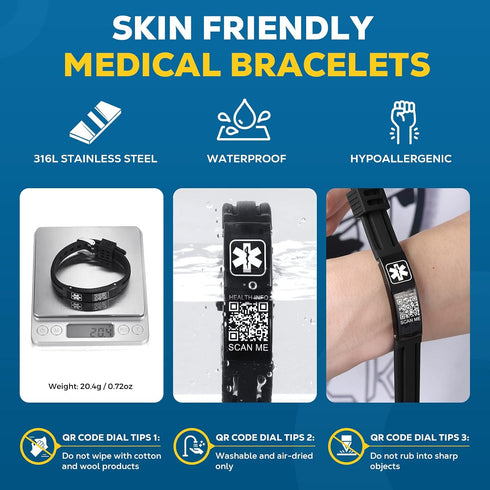8 inches Medical Bracelets for Men Women with QR Code Medical Alert ID Bracelets for Sport Travel - Silicone Waterproof