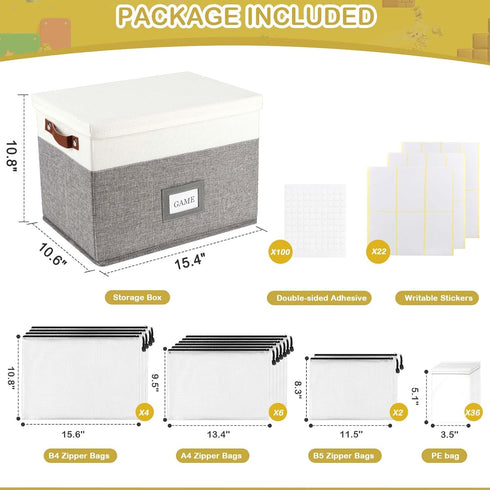 Board Game Storage Organizer with 12pcs Zipper Bags and Writable Stickers, Storage with Lid for Office Supplies,