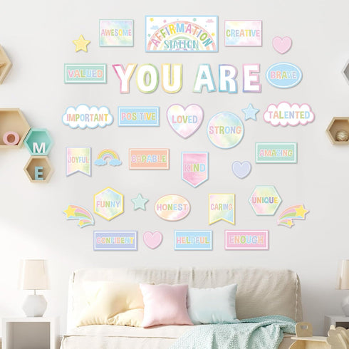 Pastel Affirmation Station Rainbow Motivational Bulletin Board Set for Classroom Decor, Mental Health Posters, Positive