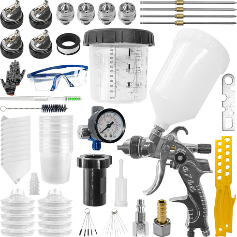 HCDDQP HVLP Paint Spray Gun Kit with 1.4/1.7/2.0/2.5mm 4 Nozzles & Air Compressor