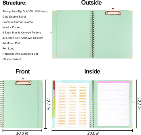 Clipboard with Storage, Cute Notepad Clipboard, 5 Folders and 10 Pockets, Foldable Letter Size Clipboard (Green)
