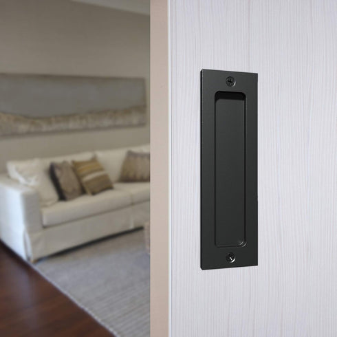 7" Flush Pull Handle: Sliding Barn Door Handle for Cabinets, Closet, Drawers - Black - Set of 2
