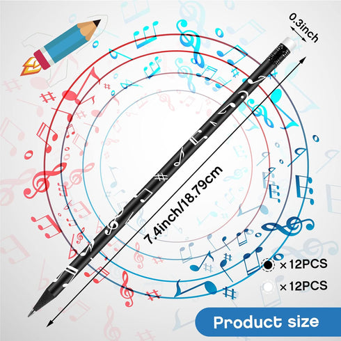 Music Note Pencils, Music Themed Round White Black Pencils with Eraser for School Office Supplies, 7 Inches (24 Pieces)
