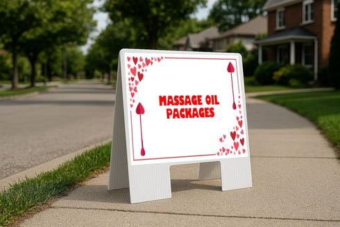 Massage Oil Packages Red Frame With Hearts Up Arrows A-Frame Single Sided