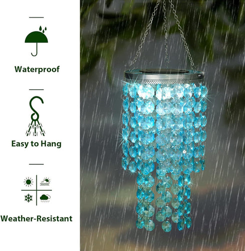 LEWIS&WAYNE 21 Hanging Solar Crystal Chandelier Outdoor, Modern Solar Blue Acrylic Beaded Lantern with Cool White LED S