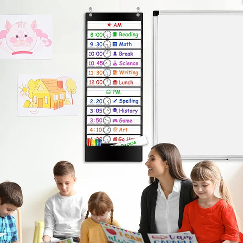 Daily Schedule Pocket Chart with 13+1 Pockets, 18 Dry Eraser Cards, Over Door Mountings for Classroom, Office (Black)