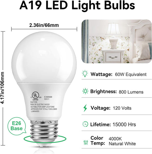 6 Pack Bulbs 60 4000K A19, 9W, E26 800 Lightbulbs Non-Dimmable, TJOY LED Light Watt Equivalent, Natural White Efficient