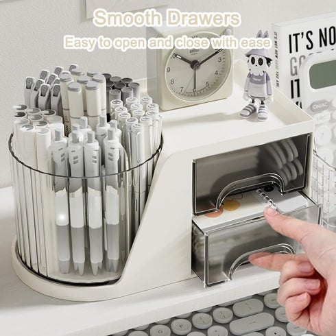 SAYEEC Rotating Desk Organizer with 2 Drawers, 6 Slots Multi-Functional Pencil Pen Holder for Office School Home (White)