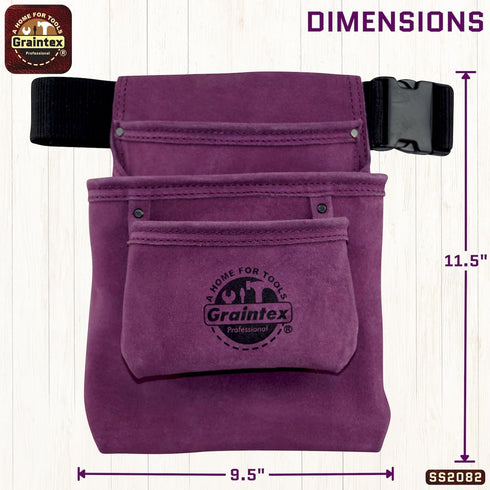Graintex SS2082 3 Pocket Nail & Tool Pouch, Purple Suede Leather with 2 Webbing Belt for Handymen