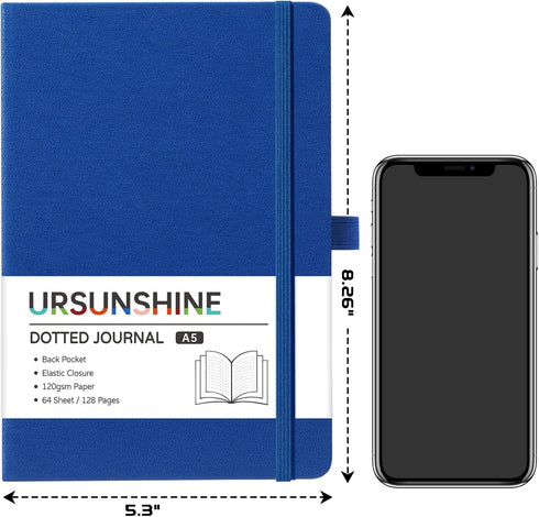 Dotted Journal/Notebook: Dot Grid Hard Cover, Premium Thick Paper, 5.3'' x 8.26'', Black Smooth Faux Leather, Deep Blue