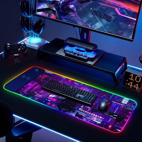 RGB Mouse Pad with 15W Wireless Charging, Purple Anime Neon Extended Large LED Gaming Pad, 10 Light Modes for Home