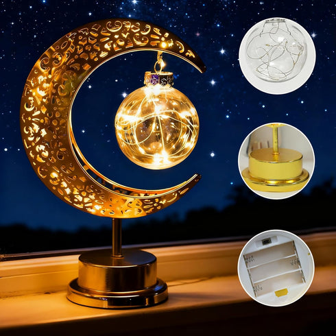 Taoushuleng Crescent Moon Table Light with Hanging Star Ramadan Decorative Lamp Battery Operated Suitable for Home