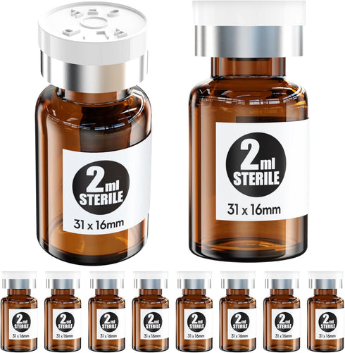 Ks-Tek 10 Sterile Empty Vials with Self Healing Injection Port, Aluminum Plastic Cap, 2ml Amber
