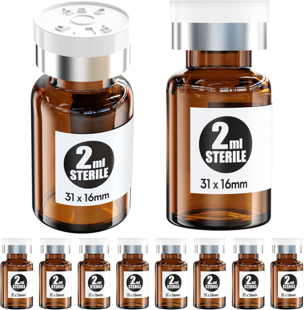 Ks-Tek 10 Sterile Empty Vials with Self Healing Injection Port, Aluminum Plastic Cap, 2ml Amber