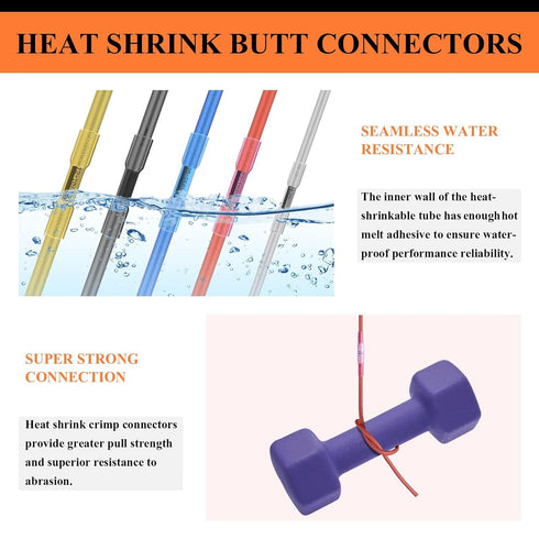 300PCS Heat Shrink Butt Connectors - Red 22-18 AWG, Insulated Waterproof Electrical Wire Connectors