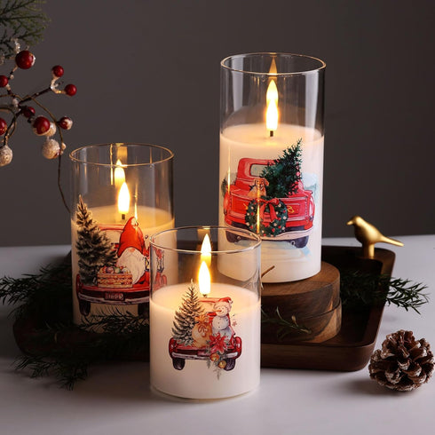 Set 3 Eywamage Christmas Glass Flameless Candles with Remote, Flickering LED Pillar Candles Holiday Table Decor Gift