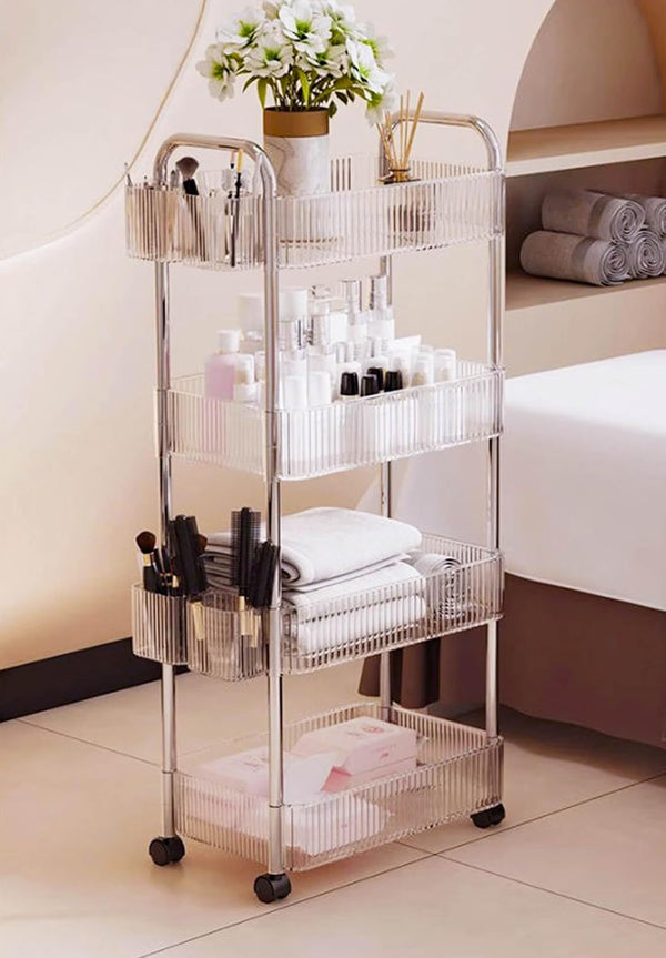 Dalekana 4-Tier Plastic Clear Rolling Utility Cart with Wheels, Lightweight-Usage Multifunctional Storage Organizer