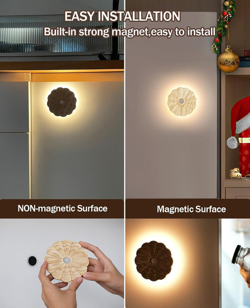 Night Light Wooden Carved Flower Mini USB Rechargeable Motion Sensor Nightlights Magnetic Wall Light for Hallway